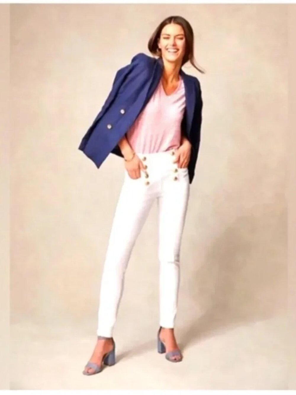 J. McLaughlin Nautical Style High Waist Skinny Hastings Jeans Gold Buttons Sz 8